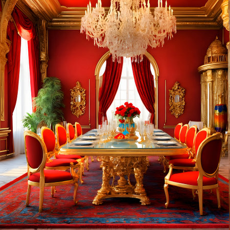 Classic dining room with red walls and golden furniture. 3d renderingの素材