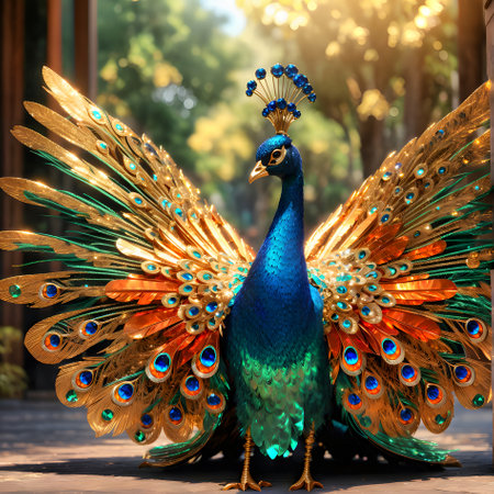 Peacock with colorful feathers on the background of the forest.の素材