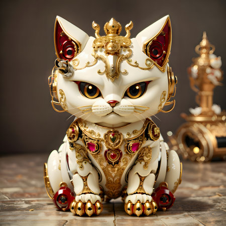 Cat figurine on a wooden background. The cat is a symbol of the Chinese New Year.の素材