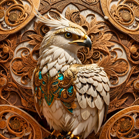 Eagle on the background of a wall decorated with gold elements.の素材