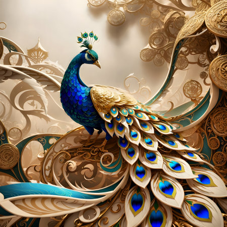 3D illustration of a peacock in the ornamental background.の素材