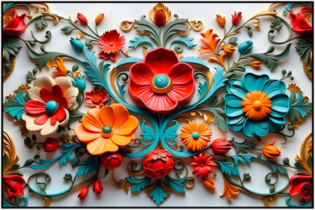 Flower pattern on the wall. Colorful floral ornament on the wallの素材