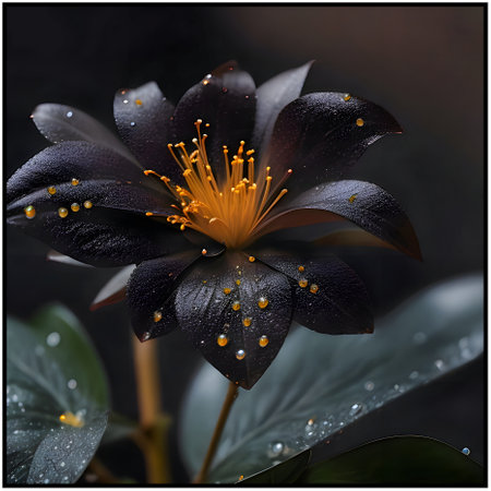Black flower on a dark background with drops of water, close-upの素材