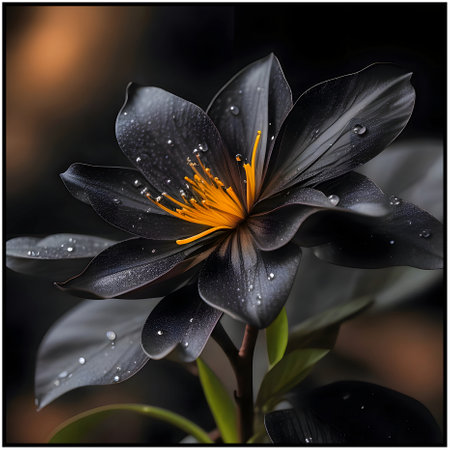 Black flower with water drops on the petals. Dark background.の素材
