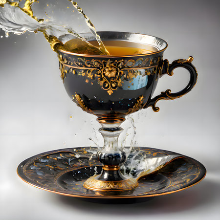 Cup of tea with splash on white background. 3d renderingの素材