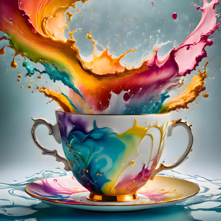 Colorful splashes in a cup and saucer. 3d renderingの素材