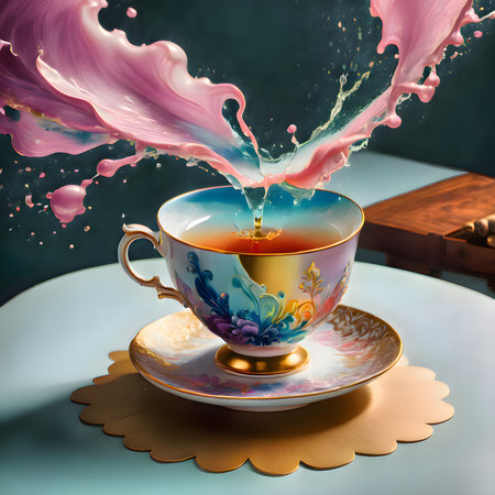 Cup of tea with splashes, 3d rendering. Computer digital drawing.の素材