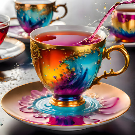 Pouring tea into a cup, close-up. colorful backgroundの素材