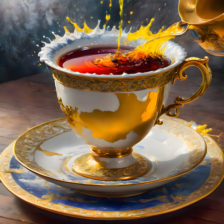 Cup of tea with splash on wooden background. 3d illustrationの素材