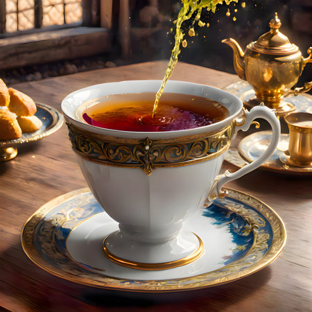 Tea in a cup on a saucer and teapot on a wooden tableの素材