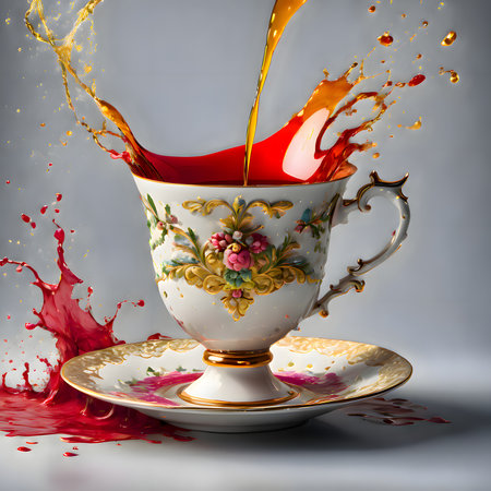 cup of coffee with splashes of red and gold paint on a gray backgroundの素材
