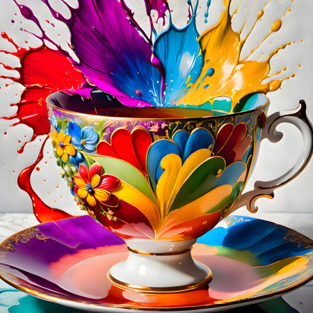 Colorful splashes of paint from a cup and saucer.の素材