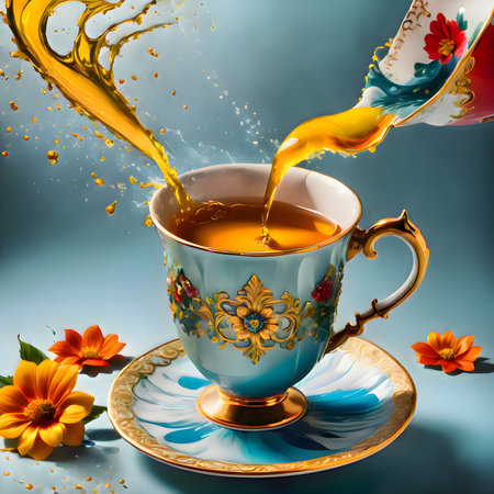 Pouring tea into a cup on a blue background with flowers.の素材