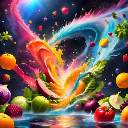 Fruit and vegetable splashing into the water, 3d illustrationの素材