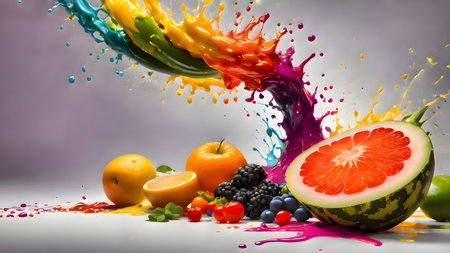 Fruits and vegetables splashing in the air on a gray backgroundの素材