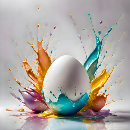 White egg with colorful splashes on gray background. 3d renderingの素材