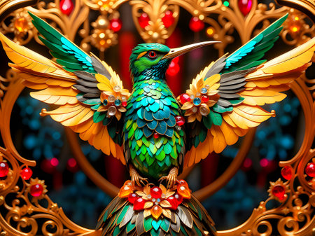 Colorful bird on the background of a mirror with a garlandの素材