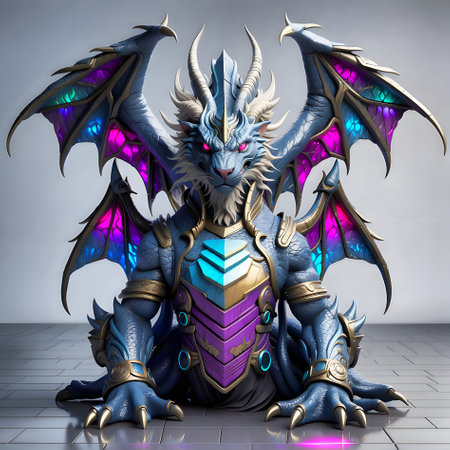 3D rendering of a fantasy dragon with a blue armor and a blue patternの素材