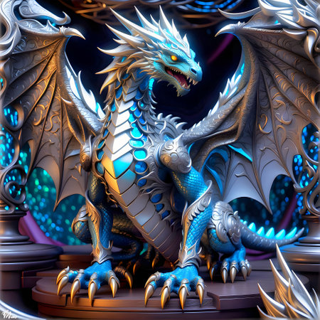 Dragon in the blue and black background. 3D rendering. Computer digital drawing.の素材