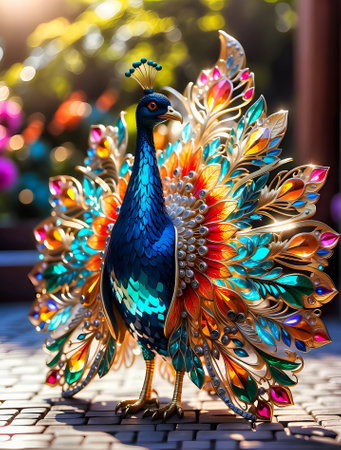 Colorful peacock statue in the garden at sunset time. Selective focus.の素材