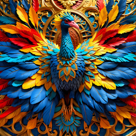3D rendering of a colorful peacock with a golden frame on a blue backgroundの素材