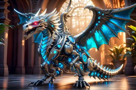 3D rendering of a fantasy dragon in a shop window with decorationsの素材