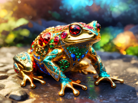 Frog with colorful gems on the background of a green forest.の素材