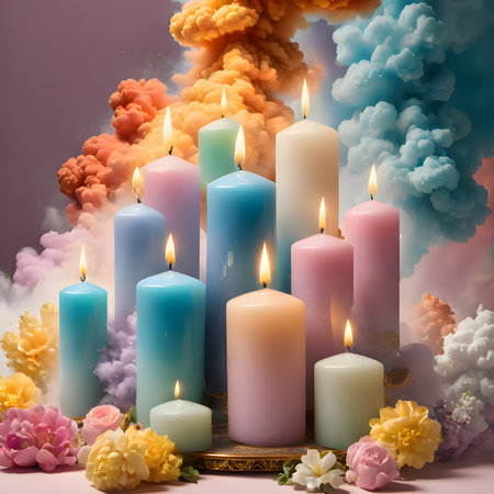 Burning candles with flowers and smoke on a colorful background. 3d renderingの素材