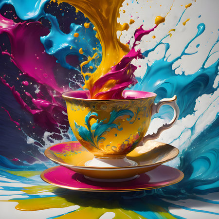 Cup of coffee with colorful splashes. 3D illustration.の素材