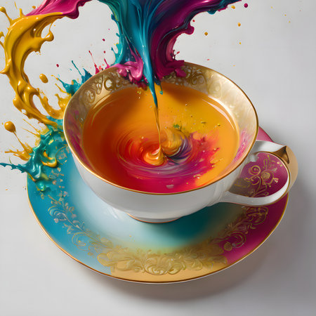 Colorful splashes in a cup of tea, 3d renderingの素材