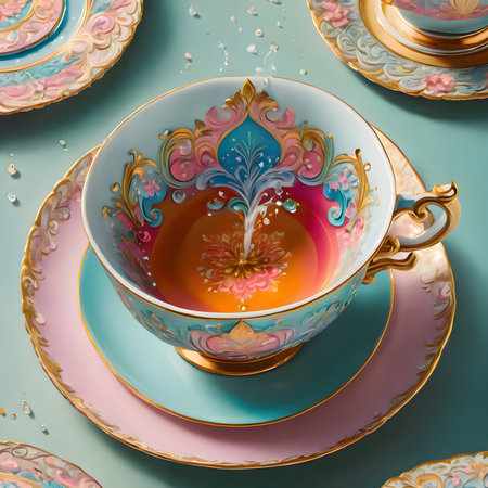 Vintage porcelain tea cups and saucers on blue backgroundの素材