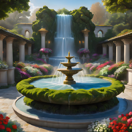 Fountain in the garden with a beautiful waterfall. 3d renderingの素材