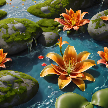3d render of a lily flower on the rocks in the waterの素材