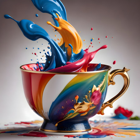 Colorful paint splashing out of coffee cup. 3d renderingの素材