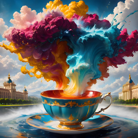 Cup of coffee and smoke colorful on the background of the templeの素材