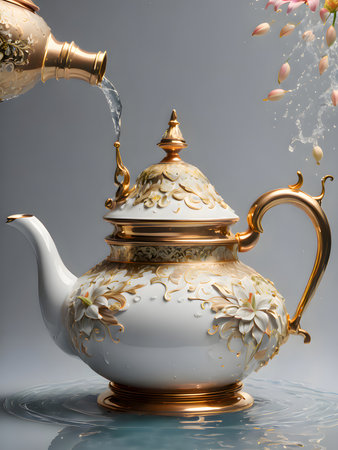 Pouring tea from a teapot into the water, close-upの素材