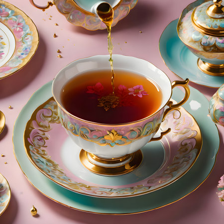 Cup of tea with saucer and teapot on pink backgroundの素材