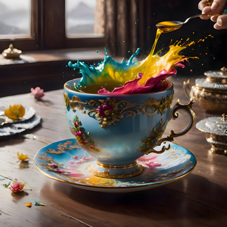 Colorful splashes of tea in a porcelain cup.の素材