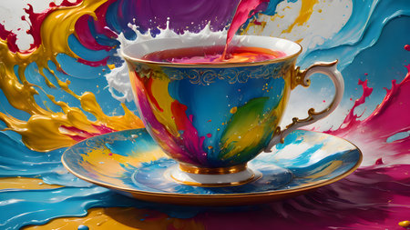 Cup of tea with colorful splashes on a white background.の素材