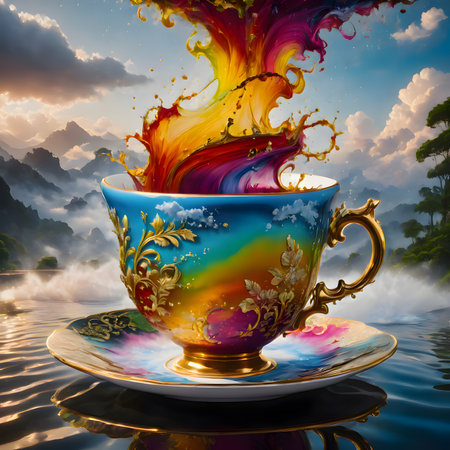 Tea cup with colorful splashes on the background of the mountains.の素材
