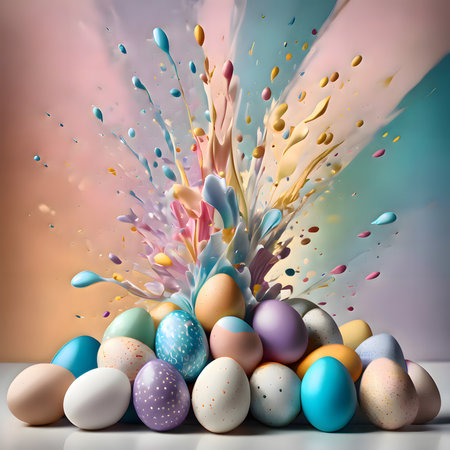 Colorful easter eggs with splashes of paint. 3d renderingの素材