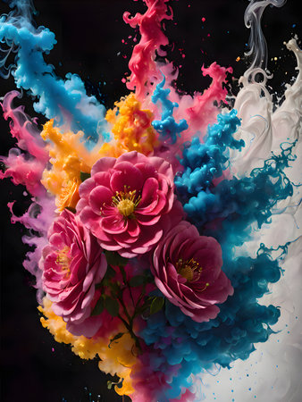 Colorful flowers in water on a black background. Abstract background.の素材