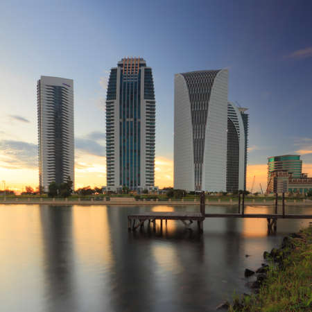 Old jetty, Skyscraper and Sunsetのeditorial素材