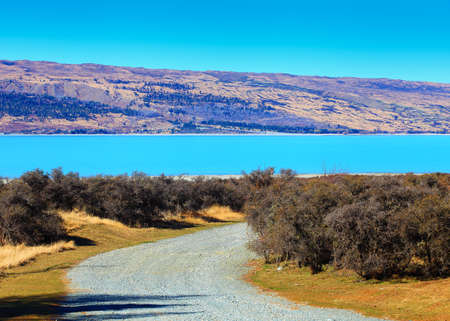 Beautiful turquoise color of Lake Pukaki view from Glentanner Park Centre, near Mount Cookの写真素材