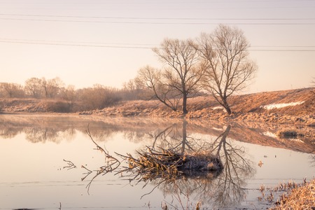 A frosty dawn in the quiet bay of the Nerl Riverの写真素材