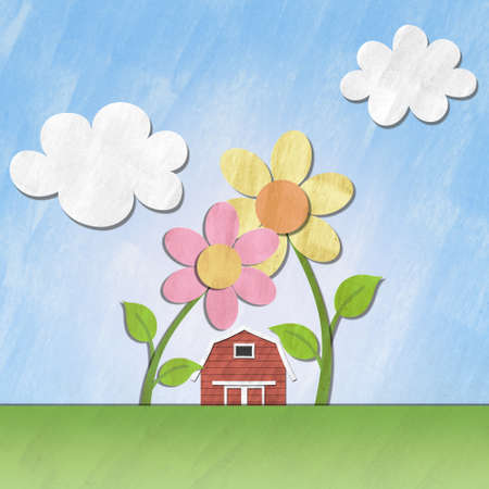 a small red house under flower on sunny dayの写真素材