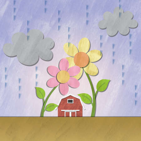 a small red house under flower on rainy dayの写真素材