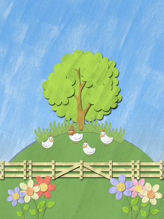 many chickens on the hill under a tree on sunny dayの写真素材
