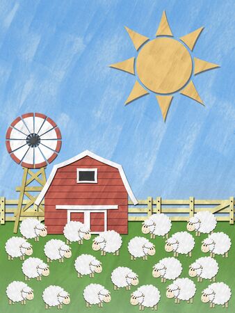 Many sheeps on the grass field in farm on sunny dayの写真素材