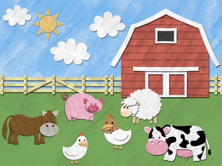 Farm animals stand in front of barnyard on sunny dayの写真素材